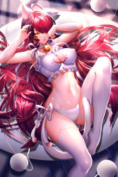 Rule 34 | 1girl, absurdres, ahoge, animal ears, armpits, been, bell, black nails, bra, breasts, cat cutout, cat ears, cat lingerie, cat tail, cinderella bust, cleavage, cleavage cutout, clothing cutout, collar, collarbone, covered erect nipples, elesis (elsword), elsword, frilled bra, frills, groin, hair between eyes, highres, kemonomimi mode, large breasts, light particles, long hair, meme attire, nail polish, navel, neck bell, one eye closed, open mouth, panties, red hair, ribbon, side-tie panties, solo, tail, tears, thighhighs, underwear, underwear only, very long hair, white bra, white panties, white ribbon, white thighhighs, yellow eyes