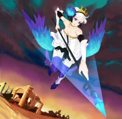 Rule 34 | 1girl, bare shoulders, blue eyes, detached sleeves, dress, flying, full body, gwendolyn (odin sphere), leg wings, low wings, odin sphere, polearm, pteruges, ruins, sawa (textic), serious, silver hair, sky, solo, star (sky), starry sky, strapless, strapless dress, tiara, twilight, valkyrie, weapon, wings