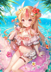 Rule 34 | 1girl, arm support, bikini, blue sky, blush, bracelet, breasts, cleavage, cloud, commentary request, day, double bun, drink, feet out of frame, flower, food-themed hair ornament, frilled bikini, frills, hair bun, hair flower, hair ornament, highres, holding, holding drink, indie virtual youtuber, jewelry, large breasts, light brown hair, long hair, looking at viewer, momokawa usapi, multicolored hair, nail polish, niwako, ocean, open mouth, orange flower, outdoors, peach hair ornament, pink bikini, pink eyes, pink flower, pink hair, pink nails, rabbit hair ornament, red flower, sky, smile, solo, streaked hair, swim ring, swimsuit, thigh strap, tree, very long hair, virtual youtuber, water