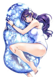 Rule 34 | 10s, 1girl, 2014, artist name, bare shoulders, barefoot, blue eyes, bracelet, breasts, feet, flower, grin, hair flower, hair ornament, highres, jewelry, large breasts, long hair, looking at viewer, love live!, love live! school idol project, one-piece swimsuit, purple hair, simple background, smile, solo, swimsuit, takanashi ringo, tojo nozomi, white background, white one-piece swimsuit