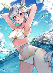 Rule 34 | 1girl, animal ears, arms behind head, arms up, blue eyes, blush, breasts, cleavage, flower, grey hair, grin, groin, hair between eyes, hair flower, hair ornament, hairclip, highres, horse ears, horse girl, horse tail, looking at viewer, medium breasts, misoni (mi so ni t), navel, partially submerged, partially underwater shot, seiun sky (umamusume), signature, smile, solo, standing, tail, umamusume, water drop, wet, white background, yellow flower
