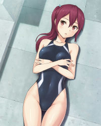 Rule 34 | 10s, 1girl, competition swimsuit, free!, hashi, highleg, highleg swimsuit, long hair, lying, matsuoka gou, one-piece swimsuit, ponytail, red eyes, red hair, swimsuit