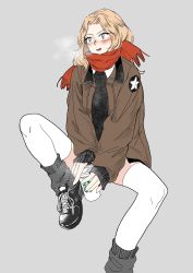 Rule 34 | 10s, 1girl, absurdres, blonde hair, blue eyes, blush, bomber jacket, coffee cup, cup, disposable cup, girls und panzer, grey socks, highres, jacket, kani aruki (bucket crawl), kay (girls und panzer), long hair, loose socks, red scarf, saunders school uniform, scarf, school uniform, shoes, sketch, sleeves past wrists, socks, solo, thighhighs, thighs, white background, white socks