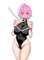 Rule 34 | 1girl, ahoge, animal collar, bare arms, bare shoulders, bdsm, black leotard, blush, bondage, bound, breasts, chain, chain leash, chained, collar, cowboy shot, cuffed, cuffs, cur (masutaya), curvy, facing viewer, fang, green hair, groin, highleg, highleg leotard, highres, idolmaster, idolmaster cinderella girls, impossible clothes, impossible leotard, large breasts, leash, legs together, leotard, looking at viewer, matching hair/eyes, multicolored hair, open mouth, pink eyes, pink hair, shiny skin, short hair, simple background, slave, solo, standing, sweatdrop, thick thighs, thighs, two-tone hair, velzhe, viewer holding leash, white background, wide hips, yumemi riamu