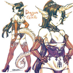 Rule 34 | 1girl, animal ears, ass, back, bikini, black hair, corset, dragon ears, dragon tail, elbow gloves, fins, genshi, gloves, hands on own hips, head fins, high heels, horns, long hair, mole, mole under eye, multiple views, navel, open mouth, original, parted bangs, ponytail, pubic tattoo, red gloves, red thighhighs, single horn, swimsuit, tail, tattoo, thighhighs