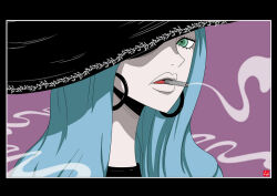 Rule 34 | 1girl, black border, black hat, blue hair, border, charlotte amande, chris re5, cigarette, close-up, commentary, earrings, english commentary, green eyes, hat, jewelry, long hair, looking at viewer, one piece, purple background, smoke, solo