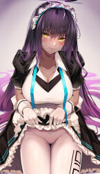 Rule 34 | 1girl, absurdres, blue archive, blush, breasts, closed mouth, collarbone, dark-skinned female, dark skin, frilled skirt, frills, gloves, halo, highres, karin (blue archive), large breasts, long hair, looking at viewer, maid headdress, panties, panties under pantyhose, pantyhose, purple hair, sitting, skirt, solo, underwear, very long hair, white gloves, white pantyhose, yellow eyes, yoshimoto (carpsukidayo)