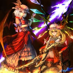 Rule 34 | 2girls, adapted costume, alternate eye color, armor, artist name, ascot, asgarion, bad id, bad pixiv id, bat wings, blonde hair, bow, brooch, chair, crossed arms, cup, dress, drinking glass, embellished costume, flandre scarlet, gauntlets, gown, gradient background, greaves, hat, hat ornament, high heels, jewelry, leg hold, leg up, light smile, md5 mismatch, mob cap, multiple girls, pantyhose, red legwear, remilia scarlet, short hair, short sleeves, siblings, side ponytail, signature, siruva, sisters, sitting, skirt, skirt set, spear the gungnir, standing, touhou, white hair, wine glass, wings, wrist cuffs, yellow eyes