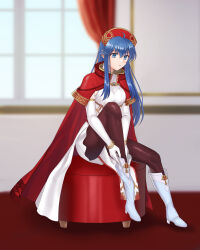 Rule 34 | 1girl, absurdres, alternate costume, black pantyhose, blue eyes, blue hair, blurry, blurry background, boots, breasts, cape, chair, dress, elbow gloves, fire emblem, fire emblem: the binding blade, full body, gloves, hair between eyes, hat, hazuki (nyorosuke), highres, indoors, jewelry, lilina (fire emblem), lilina (firelight leader) (fire emblem), long hair, medium breasts, nintendo, official alternate costume, on chair, pantyhose, parted lips, red cape, red hat, sitting, solo, white dress, white footwear, white gloves, window