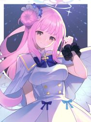 Rule 34 | 1girl, blue archive, blunt bangs, dress, etomai, halo, head tilt, highres, large wings, long hair, looking at viewer, mika (blue archive), pink hair, scrunchie, solo, white dress, white wings, wings, wrist scrunchie, yellow eyes