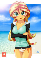 Rule 34 | 1girl, aqua eyes, beach, bikini, blonde hair, breasts, cleavage, colored skin, hood, hoodie, jacket, long hair, medium breasts, multicolored hair, my little pony, my little pony: equestria girls, my little pony: friendship is magic, red hair, side-tie bikini bottom, solo, sunset shimmer, swimsuit, swimsuit under clothes, two-tone hair, uotapo, yellow skin