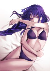 Rule 34 | applekun, bed sheet, bikini, braid, breasts, cleavage, feet out of frame, genshin impact, highres, large breasts, low-braided long hair, low-tied long hair, lying, nail polish, on back, on bed, purple bikini, purple eyes, purple hair, purple nails, raiden shogun, solo, swimsuit