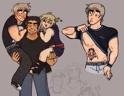 Rule 34 | 1girl, 2boys, bare pectorals, beard stubble, black hair, carrying, carrying multiple people, carrying person, character request, character tattoo, collage, cropped legs, denim, doodle inset, facial hair, highres, huge eyebrows, implied yaoi, jcaee (caejss), jeans, laughing, lifting own clothes, lucas lee, male focus, multiple boys, nervous sweating, one eye closed, pants, pectorals, scott pilgrim (series), scott pilgrim takes off, shirt, short hair, short sleeves, smile, stubble, sweat, t-shirt, tight clothes, tight shirt, todd ingram, toned, toned male, wallace wells, wavy mouth