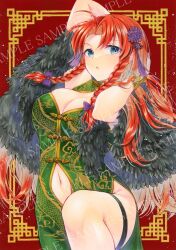 Rule 34 | 1girl, alto2019, arms behind head, arms up, black cape, black coat, blue eyes, braid, breasts, cape, china dress, chinese clothes, cleavage, cleavage cutout, clothing cutout, coat, dress, fur cape, green dress, hair ornament, hair ribbon, highres, hong meiling, knee up, large breasts, long hair, looking at viewer, marker (medium), navel, navel cutout, no headwear, open mouth, patterned background, red background, red hair, ribbon, sample watermark, solo, thigh strap, touhou, traditional media, watermark