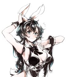 Rule 34 | 1girl, adjusting bra, adjusting clothes, animal ears, black bow, black hair, bow, bra, closed mouth, corset, detached collar, endou okito, fake animal ears, green eyes, hair between eyes, highres, long hair, original, rabbit ears, rabbit tail, simple background, solo, tail, underwear, wavy hair, white background, wrist cuffs