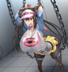 Rule 34 | 1girl, black pantyhose, blue hair, breasts, brown hair, chain, chained, creatures (company), double bun, game freak, hair bun, highres, huge breasts, kawahagitei, long hair, nintendo, open mouth, pantyhose, pokemon, pokemon bw2, restrained, rosa (pokemon), see-through, see-through shirt, shirt, skirt, solo, sweat, visor cap, wet, wet clothes, wet shirt, yellow skirt