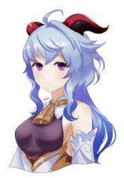 Rule 34 | 1girl, absurdres, ahoge, artist name, ash (cat7evy), bare shoulders, bell, blue hair, blush, breasts, detached sleeves, ganyu (genshin impact), genshin impact, gold trim, highres, horns, long hair, looking at viewer, low ponytail, medium breasts, neck bell, purple eyes, sideboob, sidelocks, smile, solo, upper body, white background, white sleeves