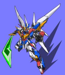 Rule 34 | beastkingbarbaros, green eyes, highres, holding, holding sword, holding weapon, horns, mecha, mechanical wings, no humans, open hand, original, purple background, robot, science fiction, single horn, solo, super robot, sword, v-fin, weapon, wings