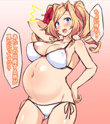 Rule 34 | 1girl, areola slip, arm behind head, big belly, bikini, blonde hair, blue eyes, blush, breasts, cleavage, commentary request, cowboy shot, drill hair, flower, gradient background, hair flower, hair ornament, hibiscus, honolulu (kancolle), kantai collection, large breasts, looking at viewer, mizunoe kotaru, navel, nose blush, pink background, pregnant, red flower, side-tie bikini bottom, smile, solo, speech bubble, standing, swimsuit, translated, twin drills, white background, white bikini