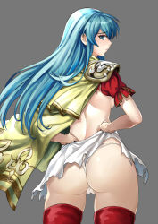 Rule 34 | 1girl, armor, ass, back, blue eyes, blue hair, blush, breasts, cameltoe, cape, clothes lift, clothes pull, eirika (fire emblem), fire emblem, fire emblem: the sacred stones, fire emblem heroes, from behind, grey background, kaorihero, lifted by self, long hair, looking at viewer, looking back, miniskirt, nintendo, panties, red thighhighs, shirt, short sleeves, shoulder pads, sideboob, simple background, skirt, skirt lift, skirt pull, solo, thighhighs, torn clothes, torn shirt, torn skirt, underwear, white panties, white skirt, yellow cape
