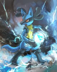Rule 34 | absurdres, aura, bad id, bad twitter id, blue fur, creatures (company), day walker1117, energy ball, furry, game freak, gen 4 pokemon, highres, lucario, nintendo, pokemon, pokemon (creature), pokemon dppt, red eyes, solo, spikes, standing, tail