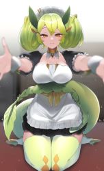 Rule 34 | 1girl, apron, blurry, blurry background, blurry foreground, blush, breasts, brown eyes, closed mouth, dot nose, dragon girl, dragon tail, dragonmaid (yu-gi-oh!), green hair, green thighhighs, highres, horns, large breasts, looking at viewer, maid, nekoume, parlor dragonmaid, puffy short sleeves, puffy sleeves, short sleeves, sitting, smile, solo, tail, thighhighs, twintails, wariza, white apron, yu-gi-oh!