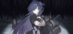 Rule 34 | 1girl, absurdres, aiming, aiming at viewer, animal ears, arknights, bare tree, black jacket, black skirt, blue hair, cat ears, cat girl, extra ears, forest, frown, ganjiang, green eyes, grey shirt, gun, hair ornament, headset, highres, holding, holding gun, holding shield, holding weapon, jacket, jessica (arknights), jessica the liberated (arknights), long hair, looking at viewer, nature, night, official alternate costume, open clothes, open jacket, shield, shirt, skirt, snow, solo, tree, upper body, very long hair, weapon