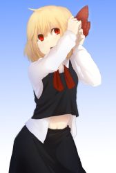 Rule 34 | 1girl, adjusting hair, ascot, belly, black dress, blonde hair, dress, dressing, gradient background, hair ribbon, headband, navel, open clothes, open mouth, open shirt, ribbon, rumia, shirt, short hair, simple background, skirt, skirt set, solo, terimayo, touhou, tying hair, tying headband, untied