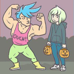 Rule 34 | 2boys, :3, ahoge, arms at sides, black hoodie, blue hair, blue pants, boots, closed eyes, closed mouth, clothes writing, commentary, denim, english commentary, flexing, galo thymos, green hair, green pants, headphones, holding food, holding pumpkin, holding vegetable, hood, hoodie, jack-o&#039;-lantern, jeans, lio fotia, long sleeves, looking at viewer, meme, multiple boys, muscular, nike (company), pants, pink tank top, promare, pumpkin, short hair, standing, tank top, trick or treat, truffleduster, vegetable, virgin vs chad (meme), white footwear, yellow footwear