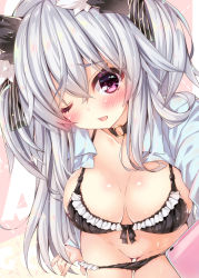 Rule 34 | 1girl, animal ears, black bow, black bra, black panties, blue shirt, blush, bow, bow bra, bra, breasts, cat ears, cellphone, cleavage, collarbone, collared shirt, commentary request, frilled bra, frills, groin, hair between eyes, hair bow, head tilt, highres, holding, holding phone, large breasts, long hair, long sleeves, o-ring, one eye closed, ooji cha, open clothes, open shirt, original, outstretched arm, oziko (ooji cha), panties, panty pull, parted lips, phone, pulling own clothes, selfie, shirt, silver hair, sleeves past wrists, solo, striped, striped bow, sweat, twintails, underwear, very long hair, wavy mouth
