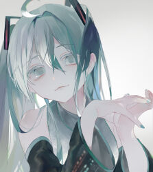 Rule 34 | 1girl, ahoge, aqua eyes, aqua hair, armpit crease, bare shoulders, blue eyes, blue hair, blue nails, commentary, detached sleeves, hair between eyes, hair intakes, hair ornament, hatsune miku, light smile, long hair, looking at viewer, mikan 0127, necktie, smile, solo, twintails, very long hair, vocaloid, white background