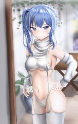 Rule 34 | 1girl, :t, absurdres, blue eyes, blue hair, breasts, closed mouth, detached sleeves, eg kcresp, high side ponytail, highres, hololive, hoshimachi suisei, indoors, looking at viewer, medium breasts, meme attire, navel, panties, plant, potted plant, pout, revealing clothes, side ponytail, solo, star (symbol), star in eye, stomach, symbol in eye, table, thighhighs, turtleneck, underwear, virgin destroyer sweater, virtual youtuber, white panties, white thighhighs