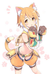 Rule 34 | 1girl, amano yuu, animal ear fluff, animal ears, belt, bra, breasts, cat ears, commentary request, gauntlets, hair ornament, hairclip, highres, hiyori (princess connect!), looking at viewer, medium breasts, midriff, navel, open mouth, orange hair, paw print, princess connect!, short hair, shorts, solo, underwear, white background, yellow eyes