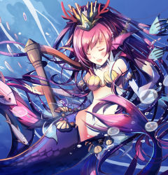 Rule 34 | 1girl, blush, bubble, closed eyes, collarbone, coral, elbow gloves, fins, fish, gloves, harp, head fins, highres, in water, instrument, long hair, mermaid, monster girl, music, navel, open mouth, playing instrument, purple hair, puzzle &amp; dragons, shadowsinking, shell, shell bikini, singing, siren (p&amp;d), smile, solo