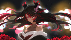 Rule 34 | 1girl, animal ears, bare shoulders, black hair, black horns, blurry, blurry background, breasts, cat ears, cleavage, closed mouth, commission, covered collarbone, floppy ears, flower, hair flower, hair ornament, highres, horns, japanese clothes, k (art71), kimono, large breasts, lights, multicolored hair, multicolored horns, off shoulder, original, pink eyes, pink flower, red flower, red hair, red horns, red kimono, red lips, red rose, rose, see-through, see-through cleavage, skeb commission, streaked hair, thank you, twitter username, two-tone horns, upper body