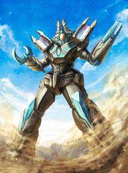 Rule 34 | absurdres, arm cannon, claw (weapon), cloud, dust, head tilt, highres, mecha, no humans, robot, robuja, science fiction, sky, solo, standing, terra phaser, tokusatsu, ultra series, ultraman decker (series), weapon