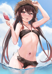 Rule 34 | 1girl, absurdres, arm up, bikini, black bikini, black nails, blue sky, blush, breasts, brown hair, cloud, collarbone, colored tips, cowboy shot, day, food, fruit, genshin impact, gradient hair, hair between eyes, hand on headwear, hand up, hat, highres, holding, holding food, hu tao (genshin impact), long hair, looking at viewer, multicolored hair, nail polish, navel, outdoors, parted lips, popsicle, popsicle stick, red eyes, red hair, sidelocks, skai kun, sky, small breasts, solo, stomach, straw hat, strawberry, swimsuit, symbol-shaped pupils, twintails, very long hair, wading, wardrobe malfunction, water, wet