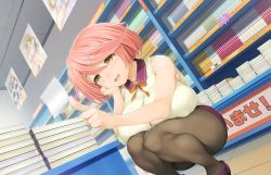 Rule 34 | 1girl, bare shoulders, blush, book, bookshelf, bookstore, breast rest, breasts, bursting breasts, button gap, head rest, collared shirt, floor, from below, game cg, higashiboujou akira, highres, index finger raised, indoors, ishikei, large breasts, legs, legs together, love cube, open mouth, pantyhose, poster (medium), puffy nipples, red hair, shirt, shop, short hair, skirt, sleeveless, smile, solo, squatting, thighs, yellow eyes