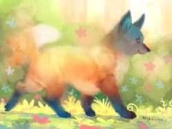 Rule 34 | animal, animal focus, bad id, bad pixiv id, bush, commentary request, flower, fox, from side, grass, manino (mofuritaionaka), no humans, original, signature, solo, walking