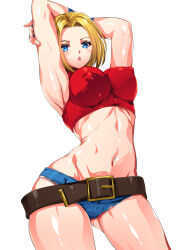 Rule 34 | 1girl, armpits, arms up, belt, blonde hair, blue eyes, blue mary, breasts, contrapposto, covered erect nipples, cowboy shot, crop top, forehead, gluteal fold, highres, impossible clothes, impossible shirt, large breasts, linea alba, looking at viewer, loose belt, medium hair, micro shorts, midriff, navel, open mouth, parted hair, red shirt, shirt, shorts, simple background, skin tight, sleeveless turtleneck crop top, smash daisaku, straight hair, stretching, the king of fighters, turtleneck crop top, white background