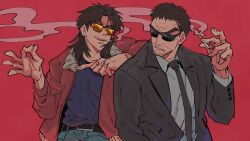 Rule 34 | 2boys, arm on another&#039;s shoulder, belt, black belt, black jacket, black necktie, blazer, bomber jacket, brown jacket, cigarette, collared shirt, commentary request, endou yuuji, facial hair, formal, goatee, grey shirt, highres, holding, holding cigarette, inudori, itou kaiji, jacket, kaiji, long hair, looking at another, male focus, medium bangs, money gesture, multiple boys, necktie, open clothes, open jacket, open mouth, parted bangs, red background, scar, scar on hand, shirt, short bangs, short hair, simple background, smile, smoking, suit, sunglasses, tinted eyewear, upper body, very short hair, white shirt, yellow-tinted eyewear