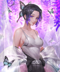 Rule 34 | 1girl, absurdres, bare shoulders, belt, black hair, breasts, bug, butterfly, butterfly hair ornament, camisole, cleavage, closed mouth, clothes around waist, collarbone, colored tips, commentary, demon slayer uniform, english commentary, eyelashes, flower, hair ornament, haori, highres, insect, jacket, jacket around waist, japanese clothes, kimetsu no yaiba, kochou shinobu, light particles, lips, looking at viewer, multicolored hair, off shoulder, purple eyes, purple hair, see-through, sleeveless, smile, solo, streaked hair, tank top, tollrin-senpai, updo, upper body, wisteria