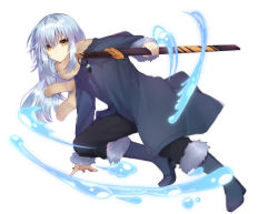 Rule 34 | 1other, androgynous, blue hair, boots, closed mouth, fur, fur-trimmed boots, fur-trimmed jacket, fur-trimmed sleeves, fur collar, fur trim, hair between eyes, highres, jacket, katana, long hair, long sleeves, looking at viewer, oyu 428, rimuru tempest, sheath, sheathed, simple background, solo, sword, tensei shitara slime datta ken, water, weapon, white background, yellow eyes