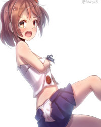 Rule 34 | 10s, 1girl, ass, bare arms, bare shoulders, brown eyes, brown hair, covering privates, covering breasts, embarrassed, food print, kantai collection, looking at viewer, minarai shachou, one side up, open mouth, panties, print panties, sazanami (kancolle), shirt, short hair, sitting, skirt, solo, strawberry panties, strawberry print, tears, torn clothes, torn shirt, torn skirt, underwear