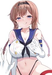 Rule 34 | 1girl, absurdres, black panties, blue eyes, blush, braid, breasts, brown hair, calin, cosplay, crop top, elbow gloves, girl on top, gloves, grabbing own breast, hair ornament, hairband, highleg, highleg panties, highres, kantai collection, large breasts, long hair, looking at viewer, navel, panties, sailor collar, shimakaze (kancolle), shimakaze (kancolle) (cosplay), simple background, striped clothes, striped thighhighs, teruzuki (kancolle), thighhighs, tongue, tongue out, twin braids, underwear, white background, white gloves, you gonna get raped