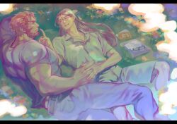Rule 34 | 2boys, bara, beard, book, closed mouth, couple, facial hair, fate (series), flower, glasses, holding hands, iskandar (fate), jeje (pixiv12541114), large pectorals, long hair, looking at another, lord el-melloi ii, lord el-melloi ii case files, lying, male focus, multiple boys, muscular, muscular male, on back, on side, outdoors, pants, pectorals, shirt, short hair, smile, waver velvet, yaoi