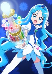 Rule 34 | 1girl, :o, absurdres, angry, blue background, blue bow, blue choker, blue eyes, blue hair, blue skirt, blue theme, bow, brooch, choker, cowboy shot, cure marine, earrings, floral background, flower tact, hair ornament, heart, heart brooch, heart hair ornament, heartcatch precure!, highres, holding, holding wand, jewelry, kurumi erika, legs apart, long hair, magical girl, open mouth, pouch, precure, puffy sleeves, rainbow order, sentyouoekaki, skirt, solo, standing, thighhighs, wand, white thighhighs, wrist cuffs, zettai ryouiki