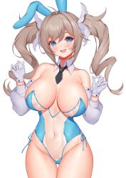 Rule 34 | 1girl, absurdres, animal ears, areola slip, barbara (genshin impact), blue eyes, blush, breasts, brown hair, cleavage, cowboy shot, detached sleeves, fake animal ears, genshin impact, gloves, hair ornament, hands up, highres, large breasts, leotard, long hair, long sleeves, navel, open mouth, pinkcap, playboy bunny, rabbit ears, see-through, see-through leotard, smile, thighs, twintails, white gloves, white sleeves