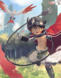 Rule 34 | 1boy, absurdres, bokustar fox, brown hair, cape, facial mark, grass, helmet, highres, hikimayu, looking at viewer, made in abyss, male focus, open mouth, outdoors, red cape, regu (made in abyss), tree, yellow eyes