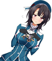 Rule 34 | 1girl, beret, black gloves, black hair, blue hat, blue jacket, blush, breasts, gloves, graphite (medium), hands on own chest, hat, jacket, kantai collection, large breasts, looking at viewer, mechanical pencil, military, military uniform, nel-c, pencil, red eyes, short hair, simple background, solo, takao (kancolle), traditional media, uniform, white background, white neckwear